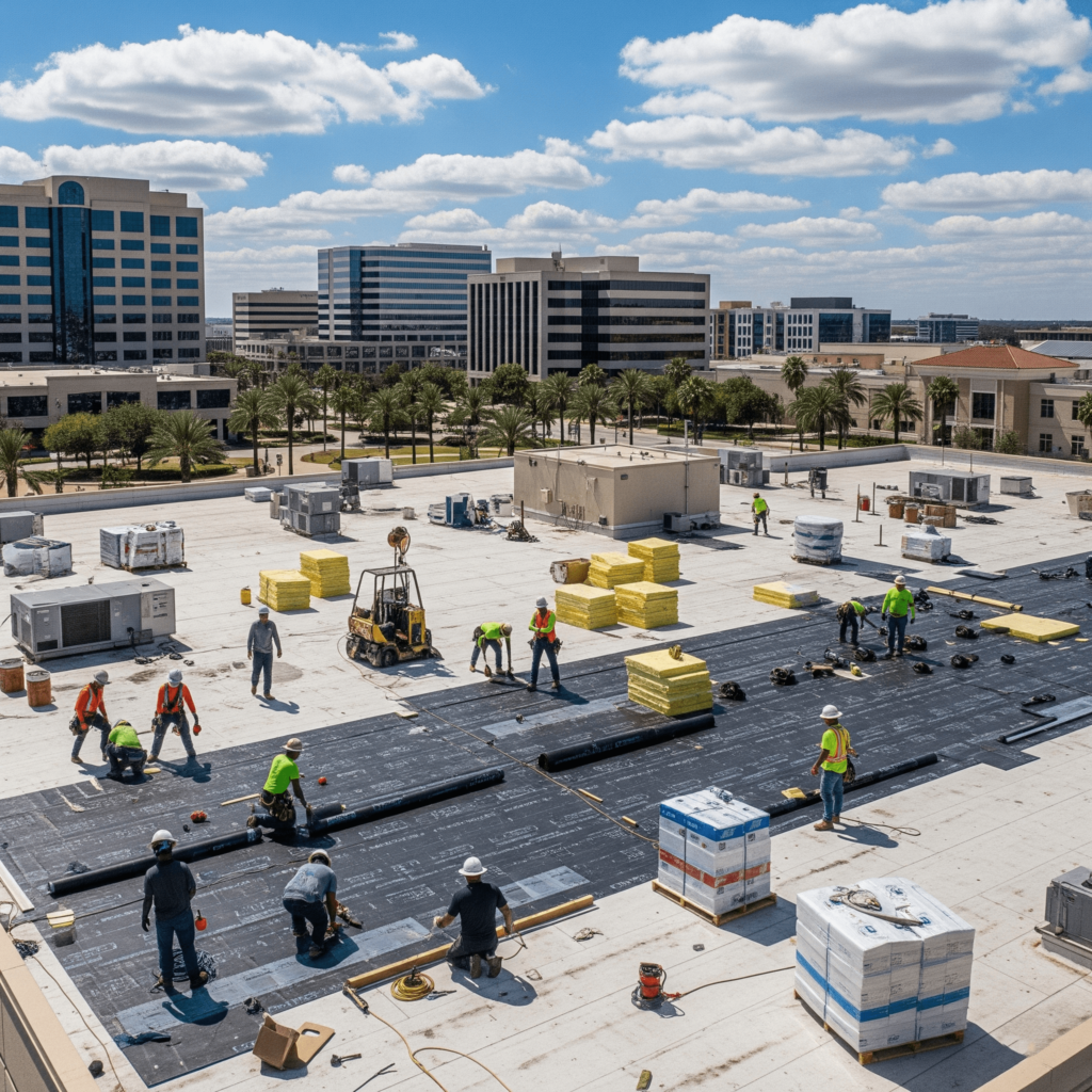 Commercial roofing Sugar Land TX crew installing TPO flat roof on warehouse