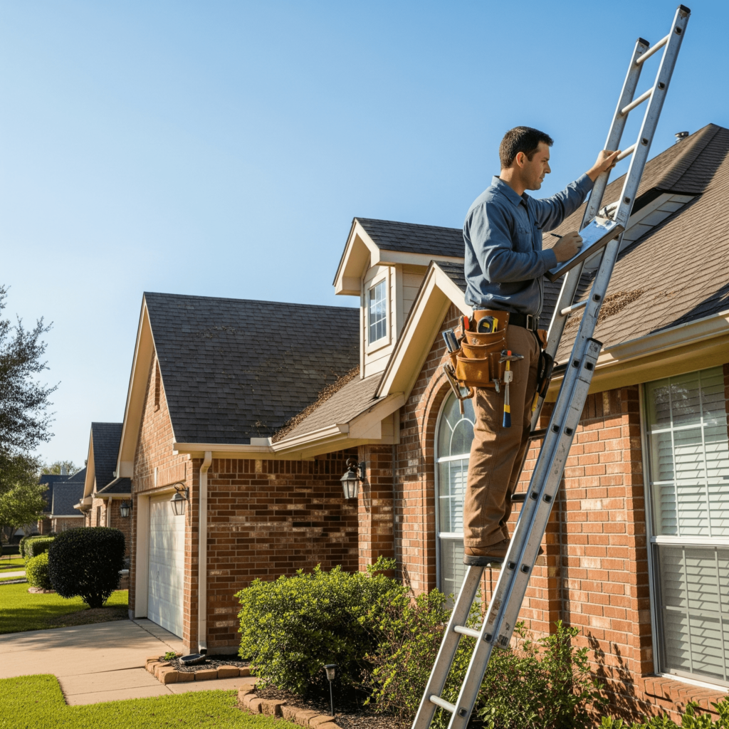 Roof inspection Sugar Land TX professional checking shingles from a ladder