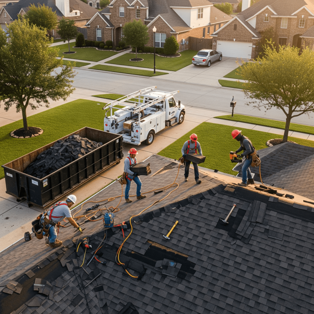 Professional roof repair Sugar Land TX crew sealing roof leak near chimney