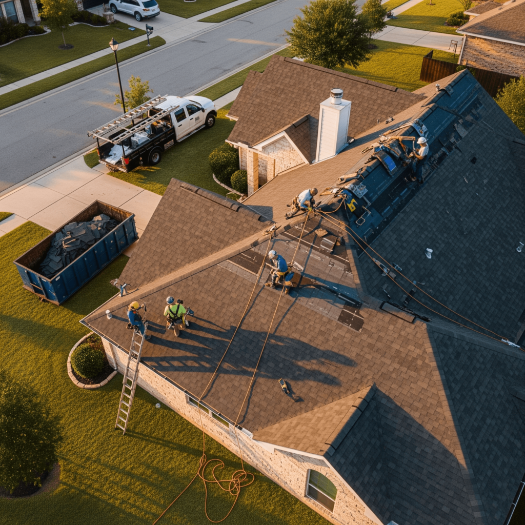 Sugar Land roofing services team repairing asphalt shingle roof after storm damage